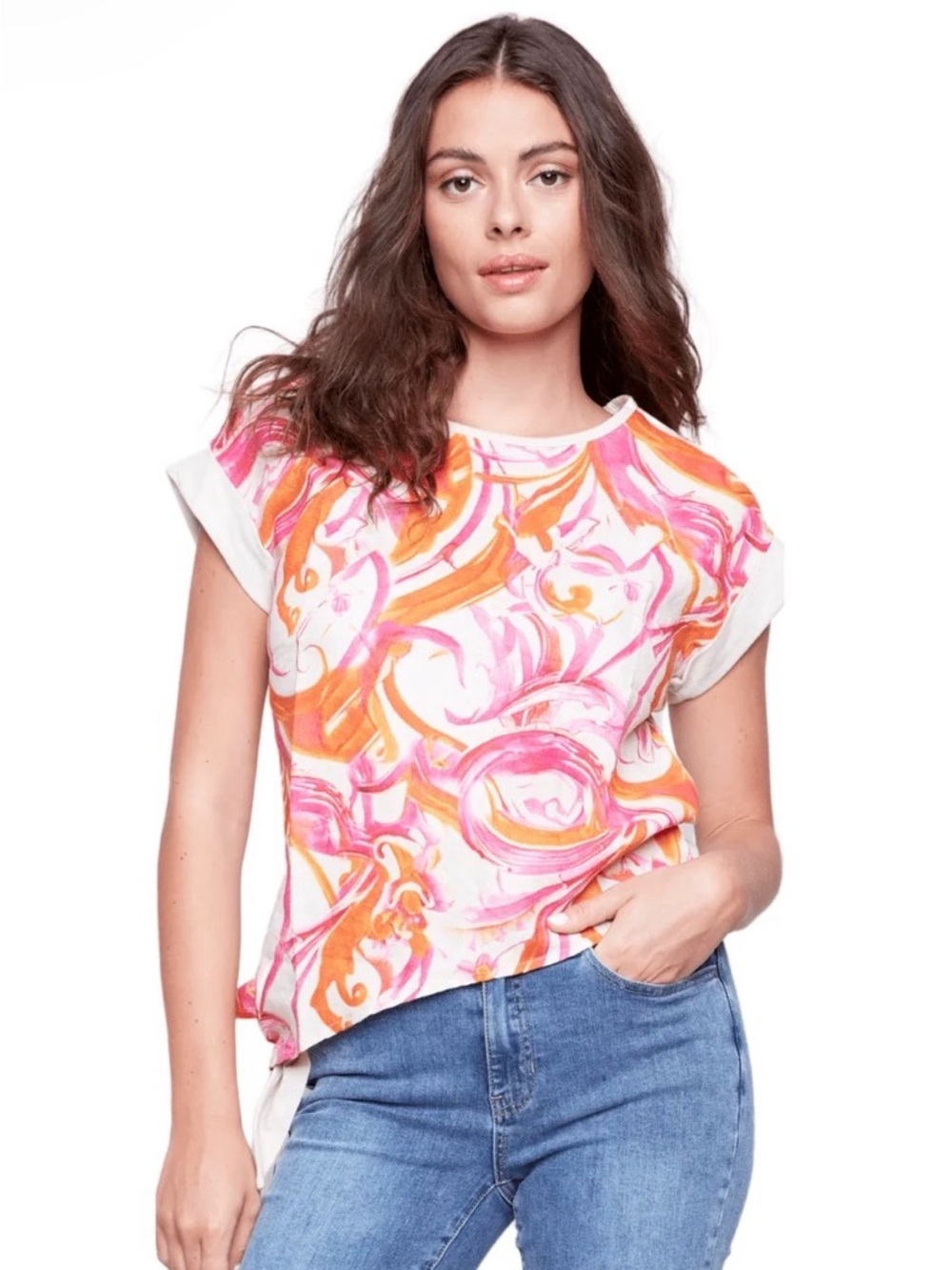 Charlie B Printed Round Neck Jersey Linen Combo Front Tie T-Shirt